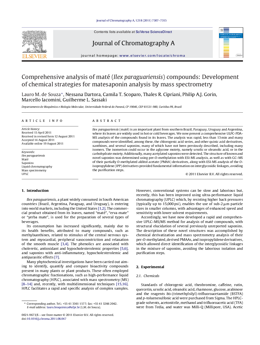 Comprehensive analysis of maté (Ilex paraguariensis) compounds: Development of chemical strategies for matesaponin analysis by mass spectrometry