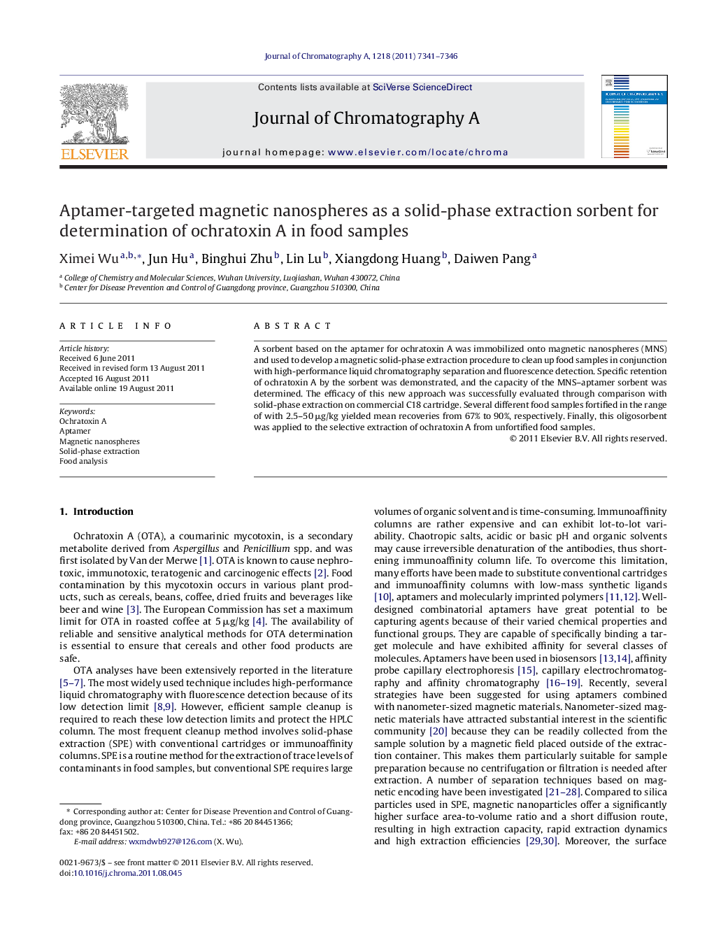 Aptamer-targeted magnetic nanospheres as a solid-phase extraction sorbent for determination of ochratoxin A in food samples