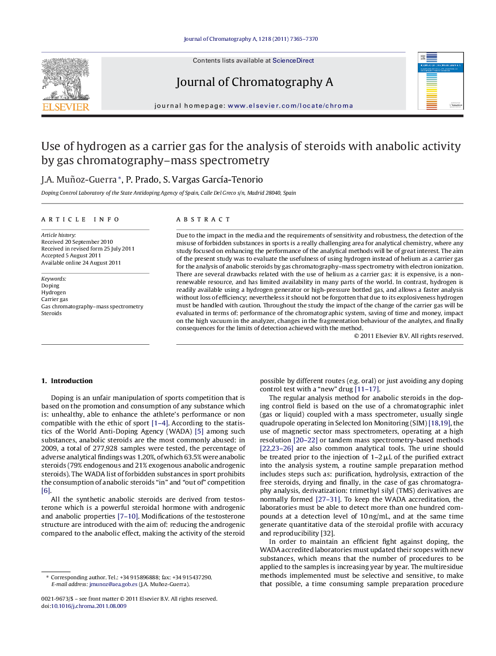 Use of hydrogen as a carrier gas for the analysis of steroids with anabolic activity by gas chromatography–mass spectrometry