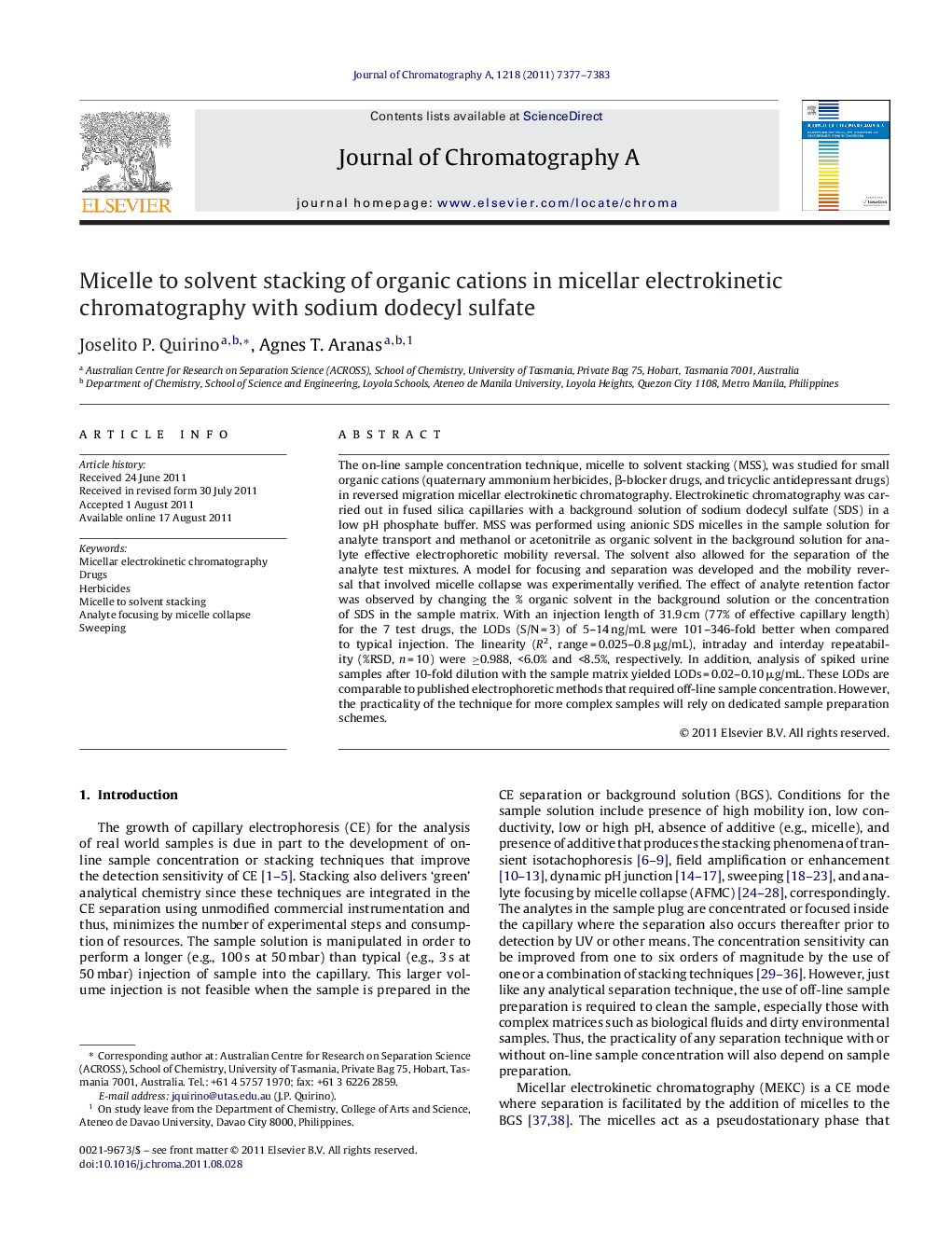 Micelle to solvent stacking of organic cations in micellar electrokinetic chromatography with sodium dodecyl sulfate