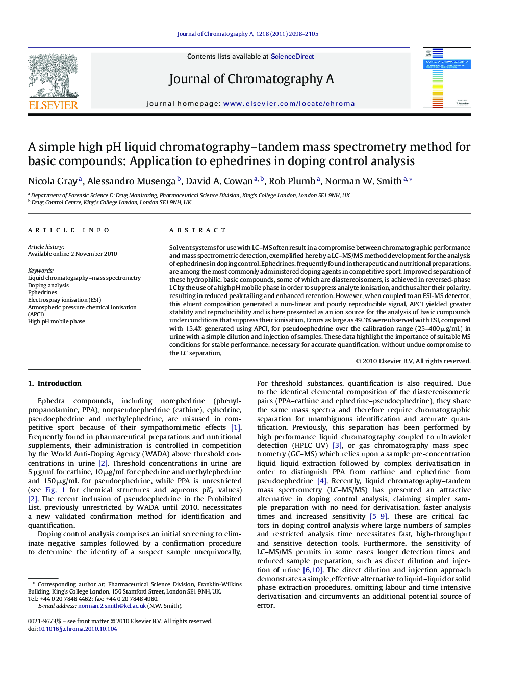 A simple high pH liquid chromatography–tandem mass spectrometry method for basic compounds: Application to ephedrines in doping control analysis