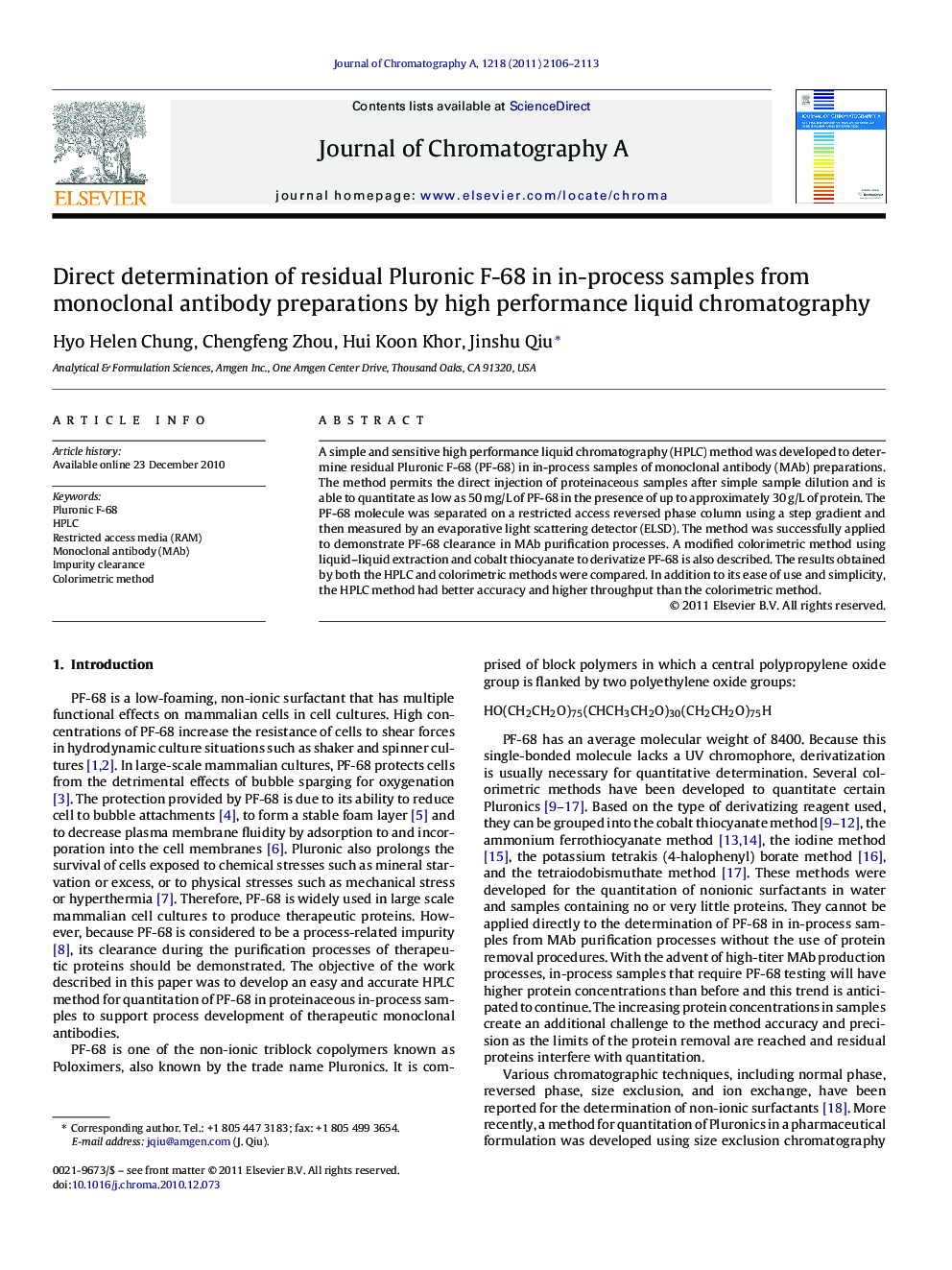 Direct determination of residual Pluronic F-68 in in-process samples from monoclonal antibody preparations by high performance liquid chromatography