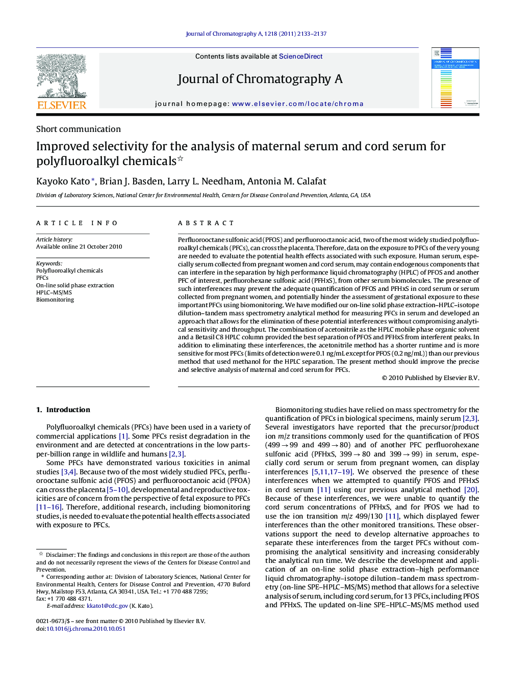 Improved selectivity for the analysis of maternal serum and cord serum for polyfluoroalkyl chemicals 