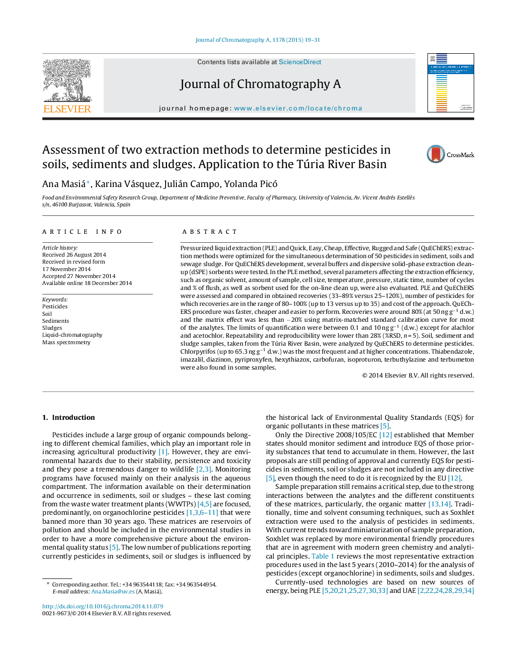 Assessment of two extraction methods to determine pesticides in soils, sediments and sludges. Application to the Túria River Basin