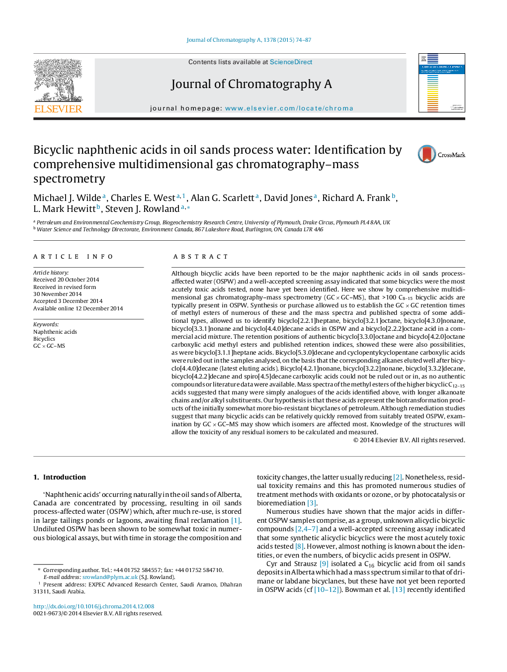 Bicyclic naphthenic acids in oil sands process water: Identification by comprehensive multidimensional gas chromatography–mass spectrometry