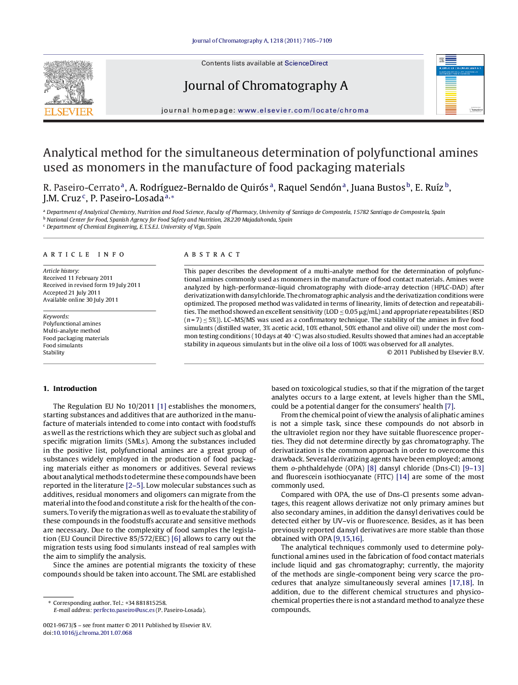 Analytical method for the simultaneous determination of polyfunctional amines used as monomers in the manufacture of food packaging materials