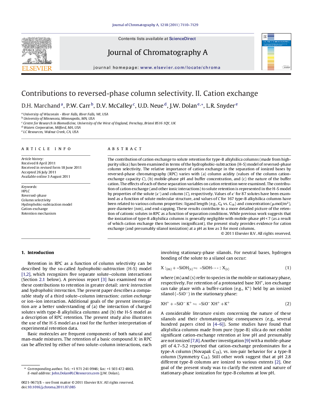 Contributions to reversed-phase column selectivity. II. Cation exchange