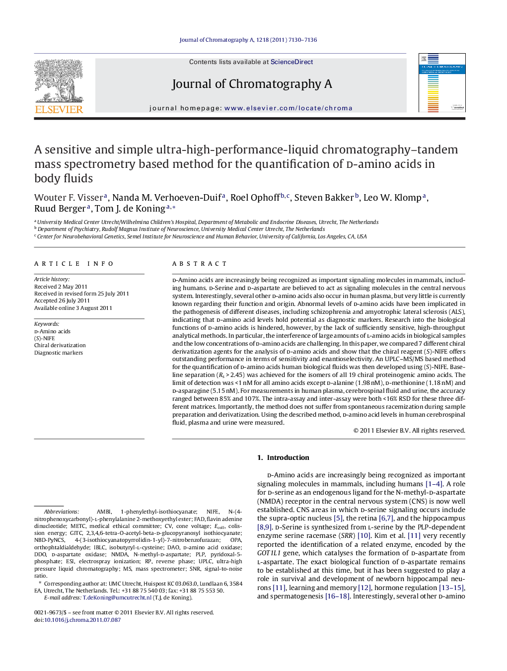 A sensitive and simple ultra-high-performance-liquid chromatography–tandem mass spectrometry based method for the quantification of d-amino acids in body fluids