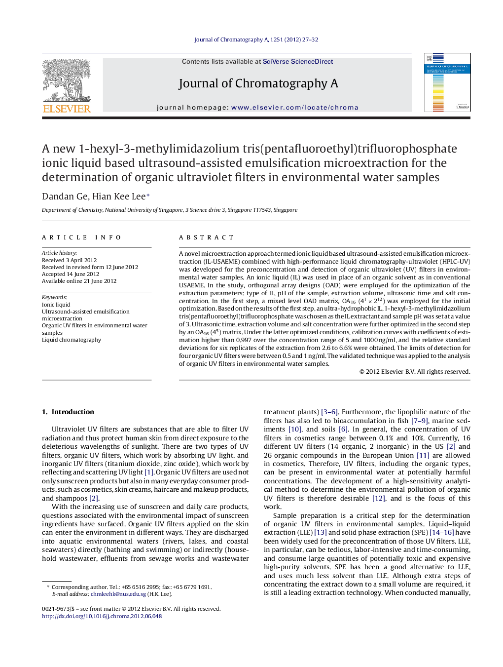 A new 1-hexyl-3-methylimidazolium tris(pentafluoroethyl)trifluorophosphate ionic liquid based ultrasound-assisted emulsification microextraction for the determination of organic ultraviolet filters in environmental water samples