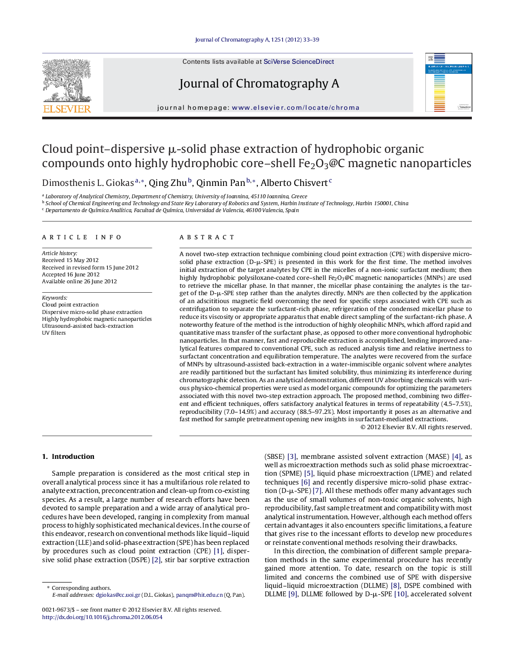 Cloud point–dispersive μ-solid phase extraction of hydrophobic organic compounds onto highly hydrophobic core–shell Fe2O3@C magnetic nanoparticles