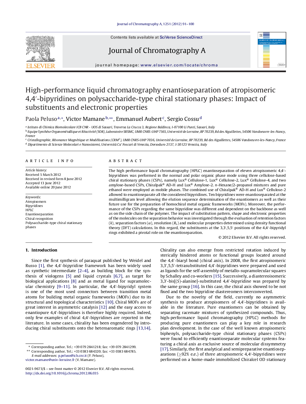 High-performance liquid chromatography enantioseparation of atropisomeric 4,4′-bipyridines on polysaccharide-type chiral stationary phases: Impact of substituents and electronic properties