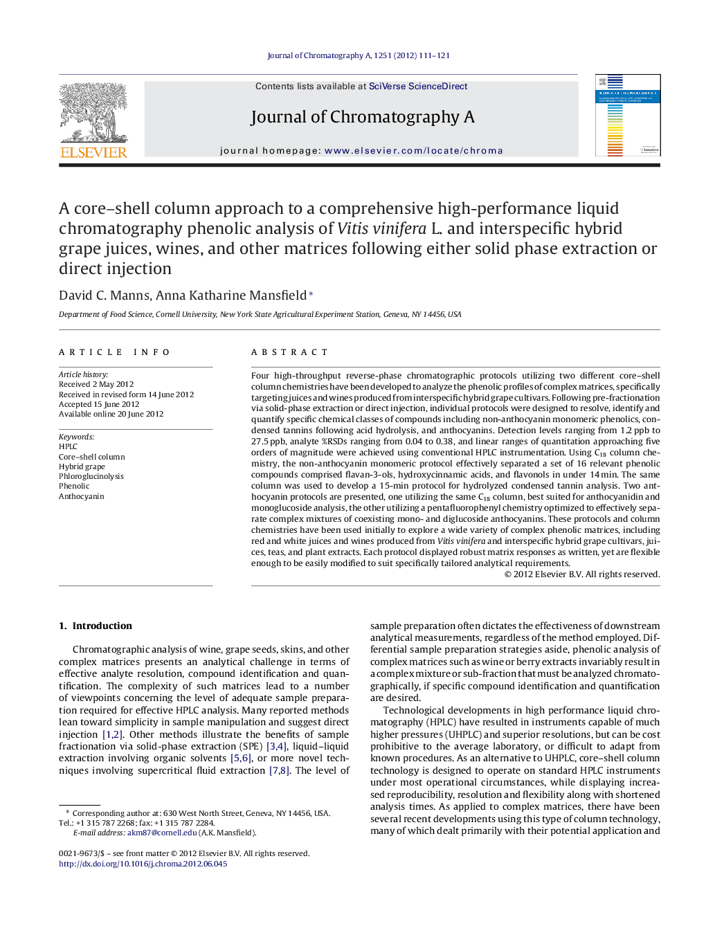 A core–shell column approach to a comprehensive high-performance liquid chromatography phenolic analysis of Vitis vinifera L. and interspecific hybrid grape juices, wines, and other matrices following either solid phase extraction or direct injection