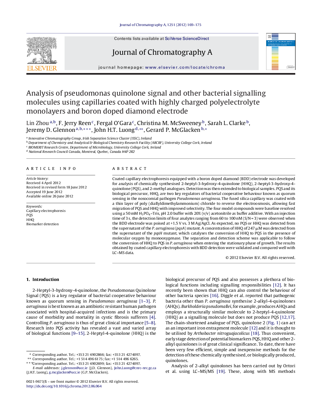 Analysis of pseudomonas quinolone signal and other bacterial signalling molecules using capillaries coated with highly charged polyelectrolyte monolayers and boron doped diamond electrode