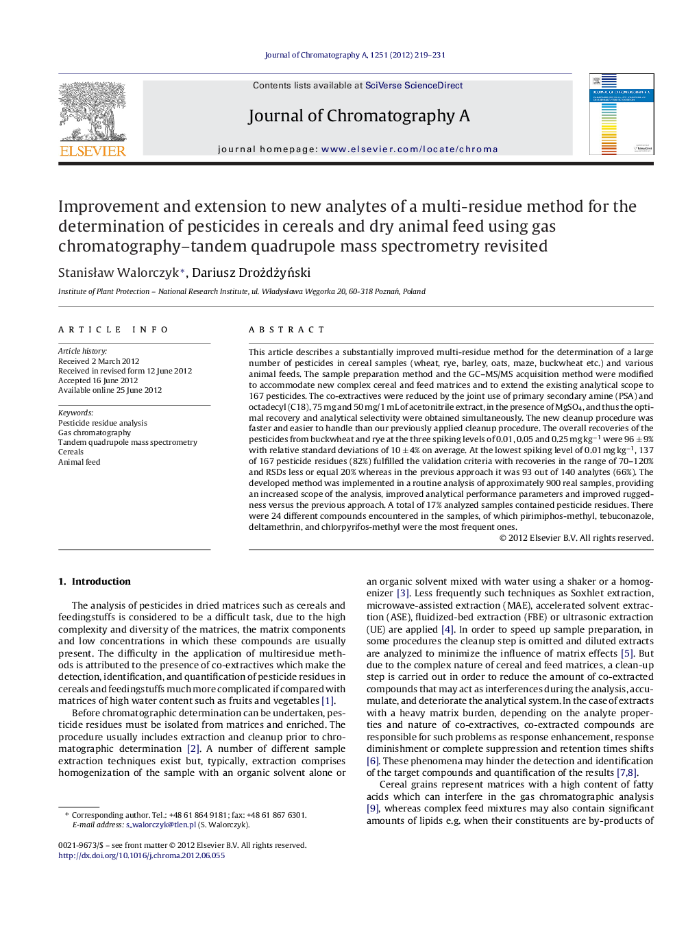 Improvement and extension to new analytes of a multi-residue method for the determination of pesticides in cereals and dry animal feed using gas chromatography–tandem quadrupole mass spectrometry revisited