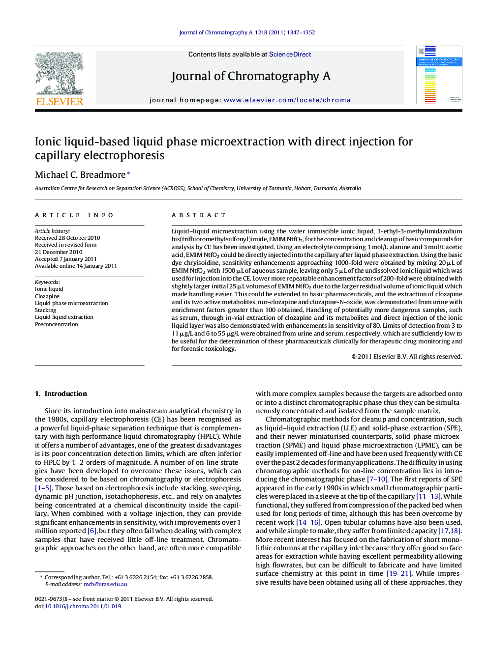 عکس صفحه اول مقاله: Ionic liquid-based liquid phase microextraction with direct injection for capillary electrophoresis Ionic liquid-based liquid phase microextraction with direct injection for capillary electrophoresis