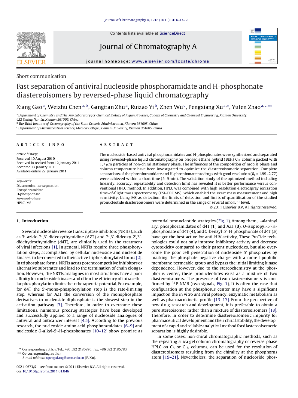 Fast separation of antiviral nucleoside phosphoramidate and H-phosphonate diastereoisomers by reversed-phase liquid chromatography