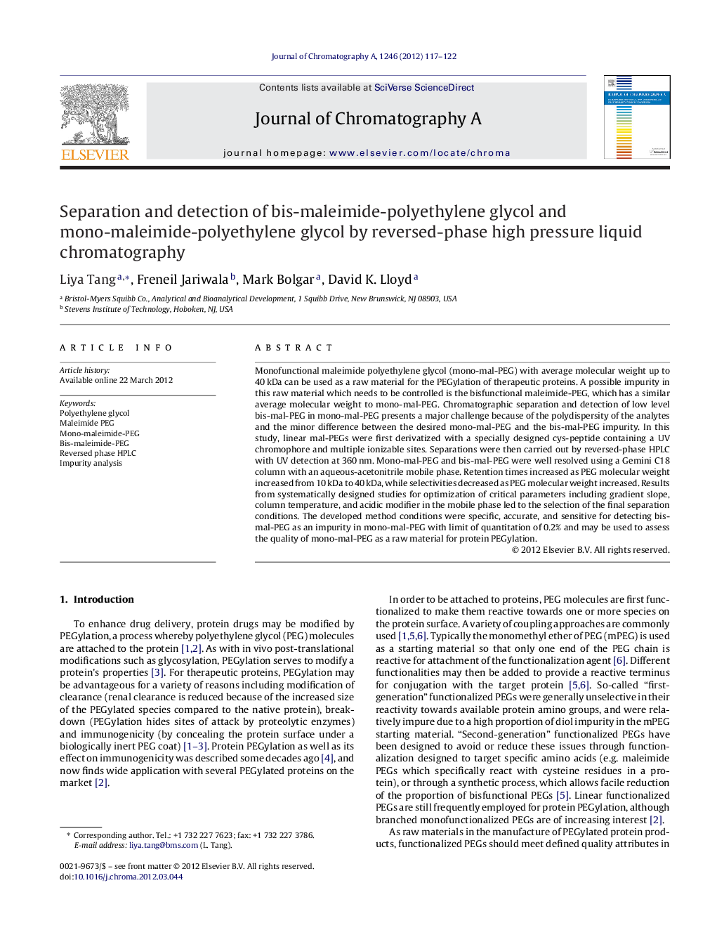 Separation and detection of bis-maleimide-polyethylene glycol and mono-maleimide-polyethylene glycol by reversed-phase high pressure liquid chromatography