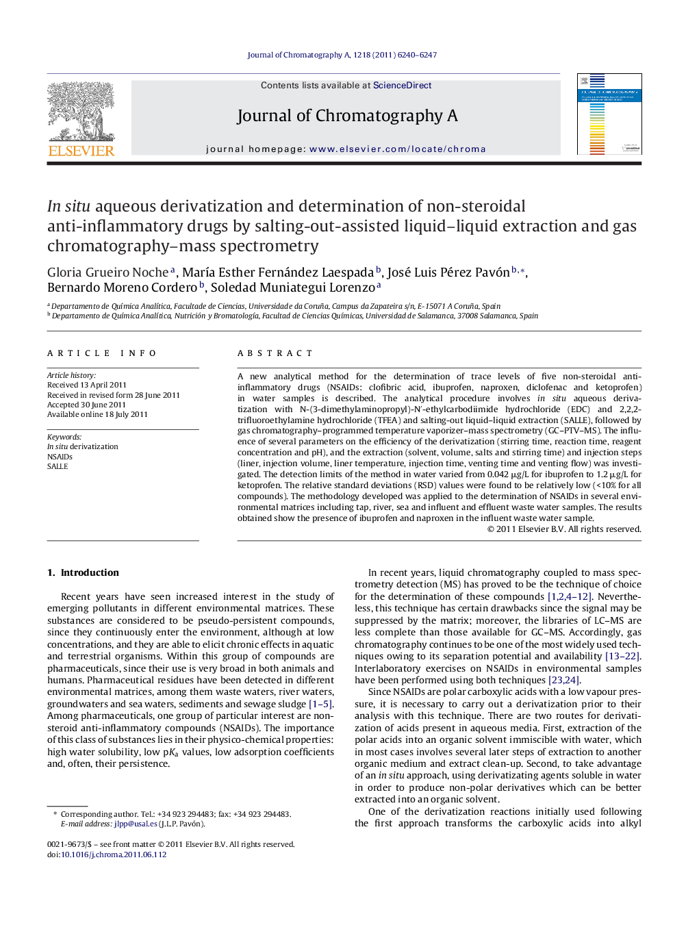 In situ aqueous derivatization and determination of non-steroidal anti-inflammatory drugs by salting-out-assisted liquid–liquid extraction and gas chromatography–mass spectrometry