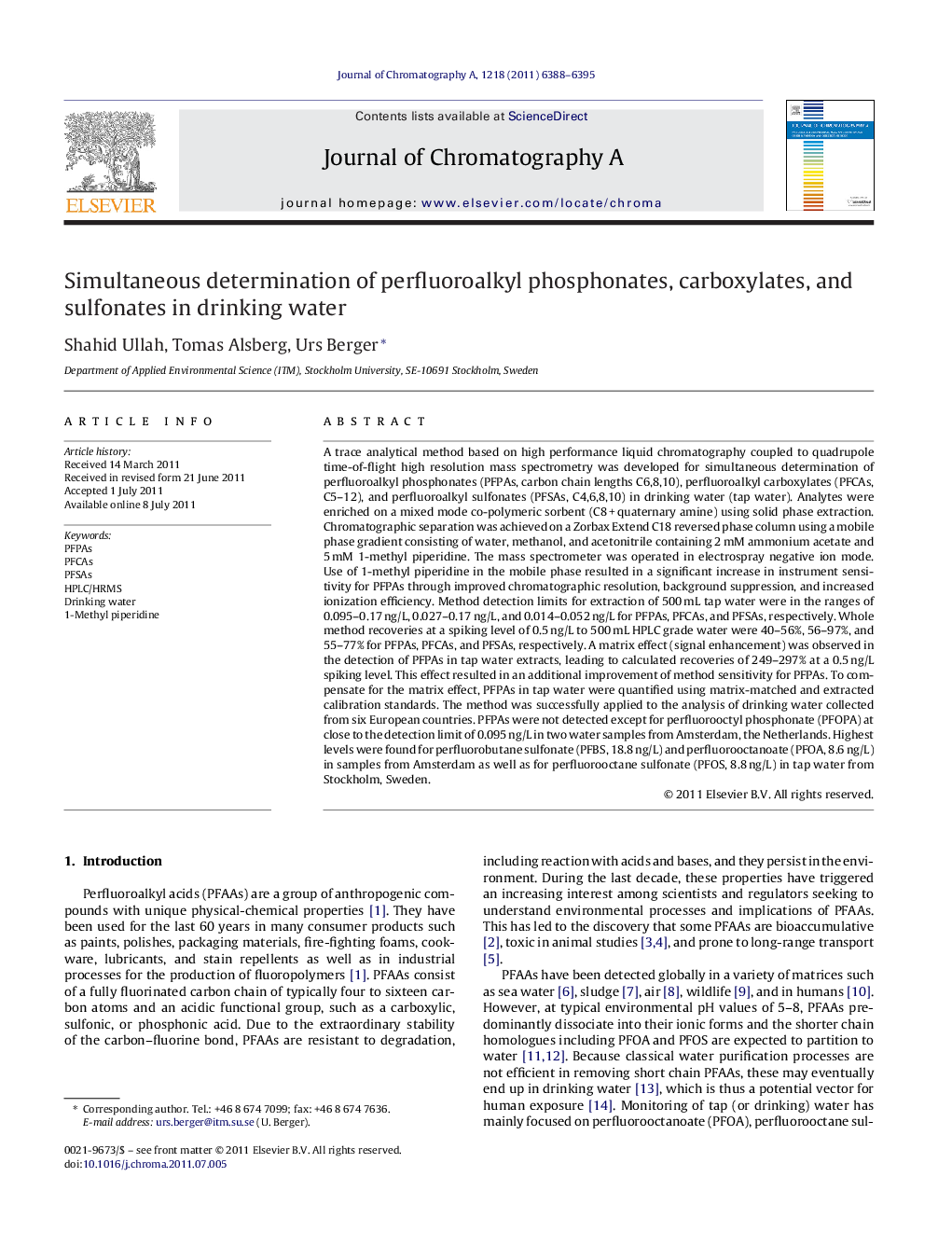 Simultaneous determination of perfluoroalkyl phosphonates, carboxylates, and sulfonates in drinking water