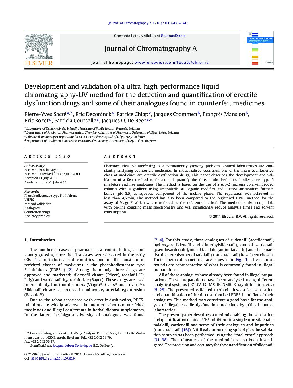 Development and validation of a ultra-high-performance liquid chromatography-UV method for the detection and quantification of erectile dysfunction drugs and some of their analogues found in counterfeit medicines