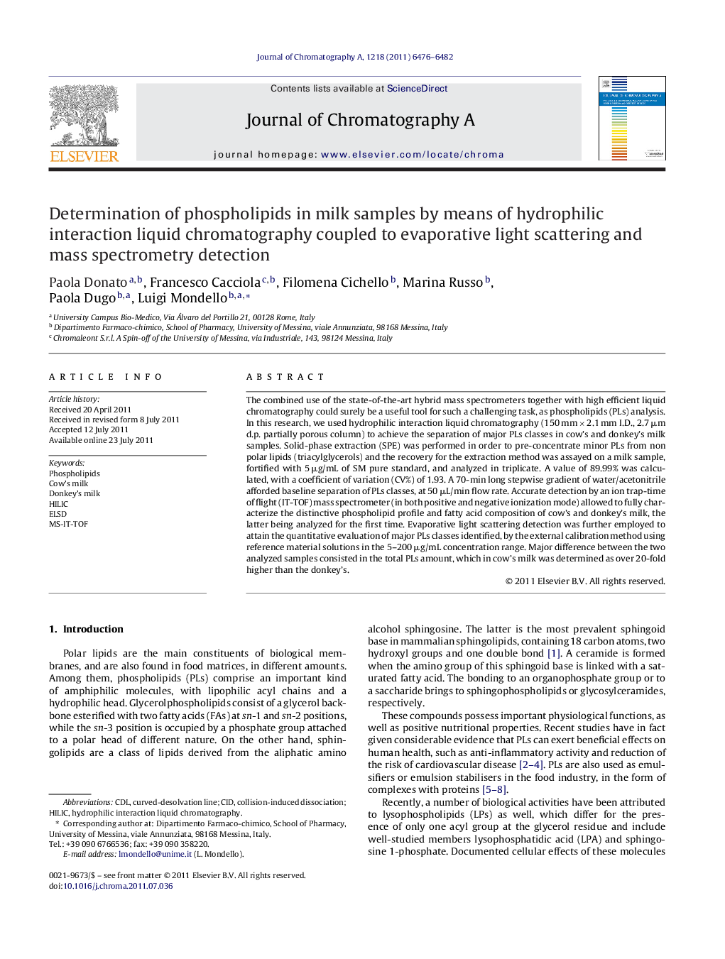 Determination of phospholipids in milk samples by means of hydrophilic interaction liquid chromatography coupled to evaporative light scattering and mass spectrometry detection