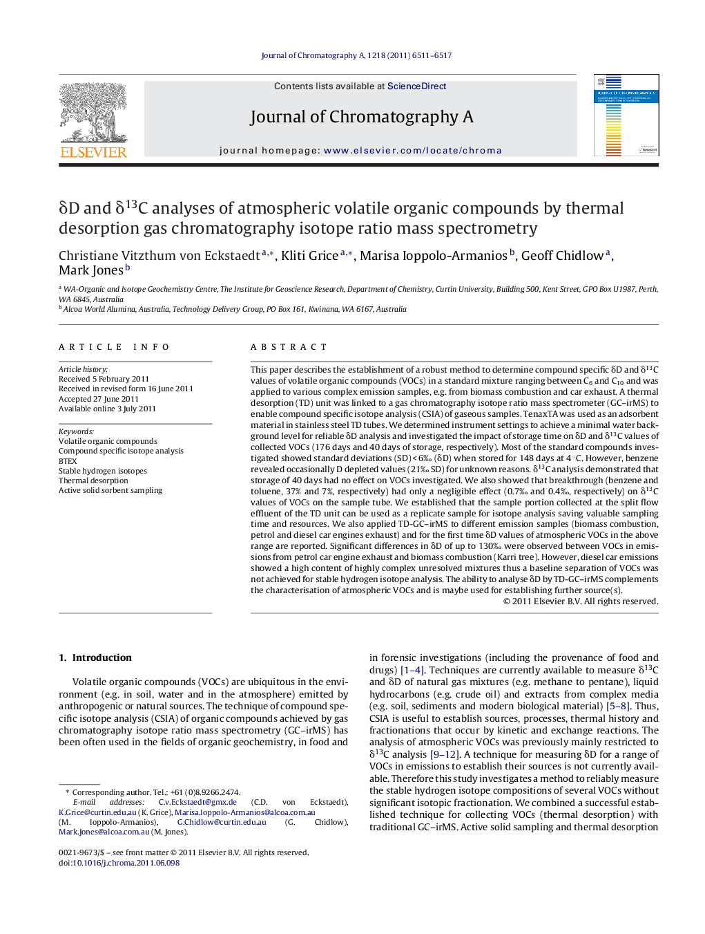 δD and δ13C analyses of atmospheric volatile organic compounds by thermal desorption gas chromatography isotope ratio mass spectrometry