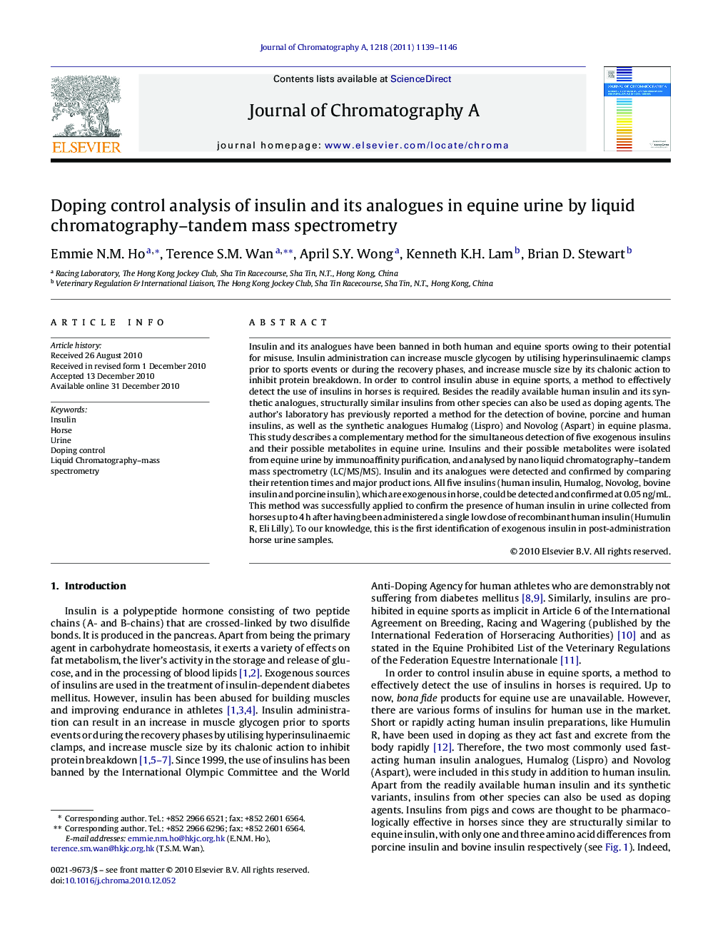 Doping control analysis of insulin and its analogues in equine urine by liquid chromatography–tandem mass spectrometry