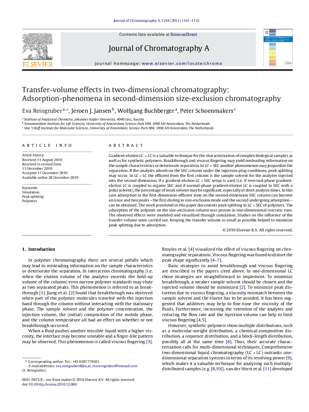 Transfer-volume effects in two-dimensional chromatography: Adsorption-phenomena in second-dimension size-exclusion chromatography