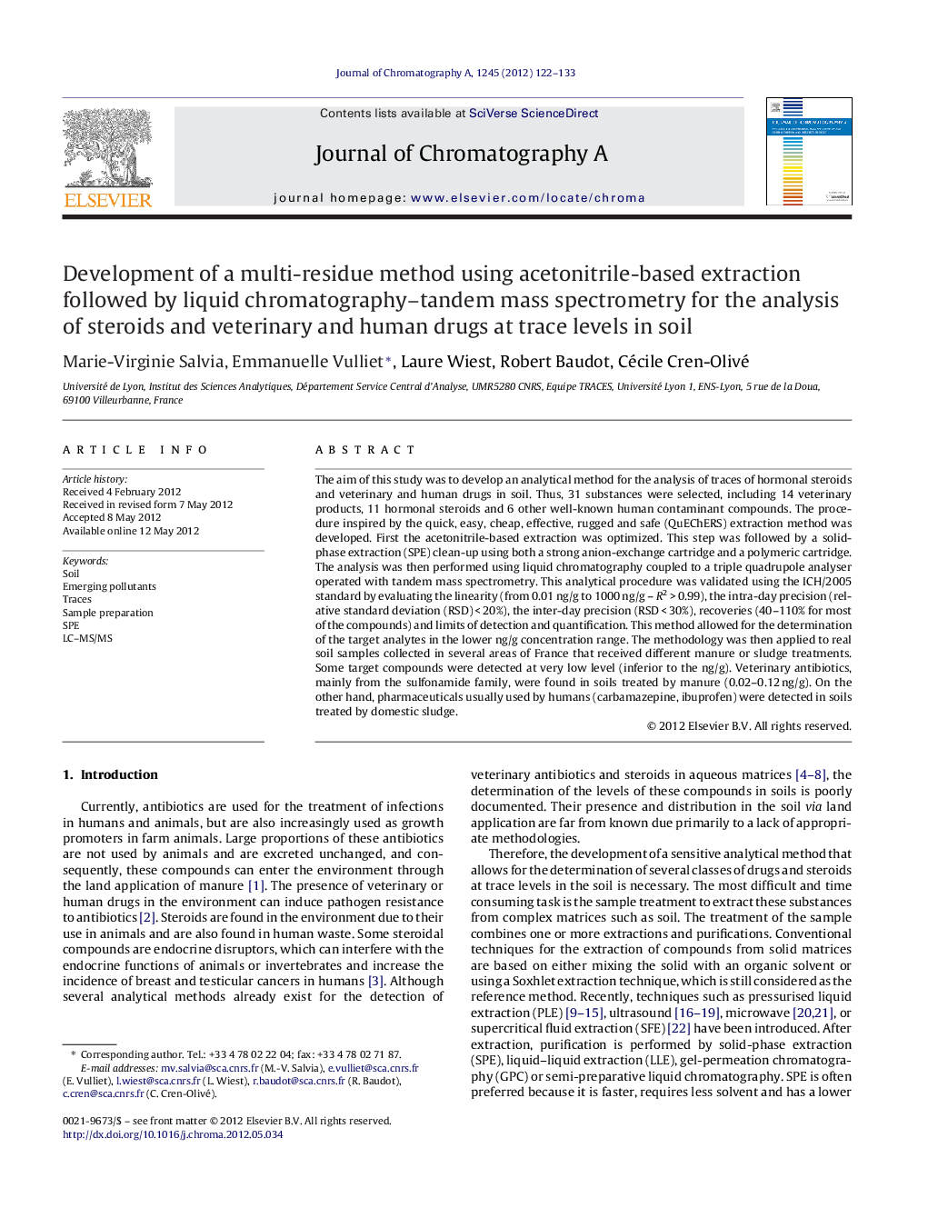 Development of a multi-residue method using acetonitrile-based extraction followed by liquid chromatography–tandem mass spectrometry for the analysis of steroids and veterinary and human drugs at trace levels in soil