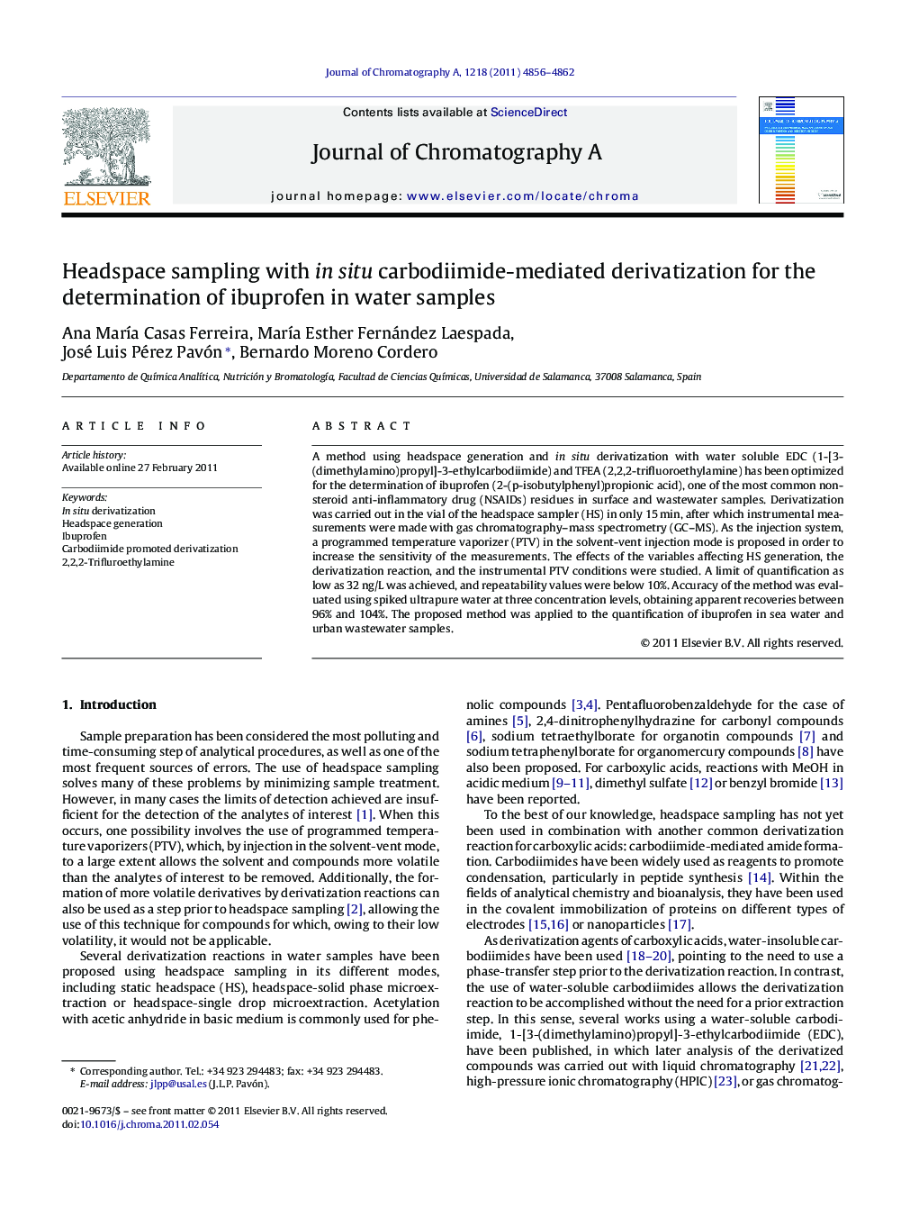 Headspace sampling with in situ carbodiimide-mediated derivatization for the determination of ibuprofen in water samples