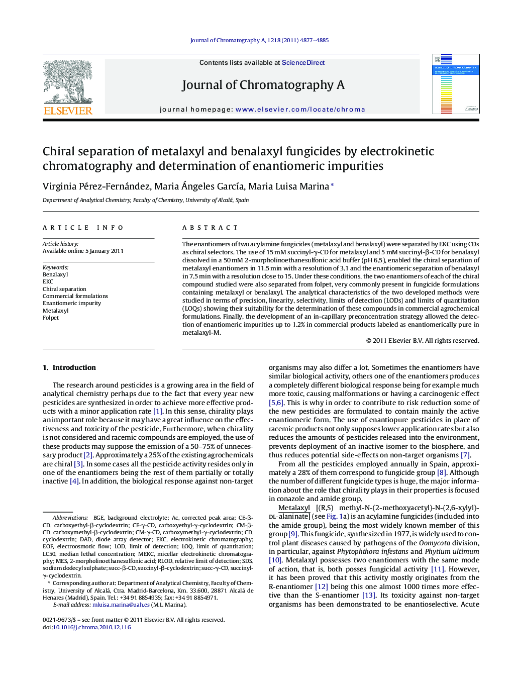 Chiral separation of metalaxyl and benalaxyl fungicides by electrokinetic chromatography and determination of enantiomeric impurities