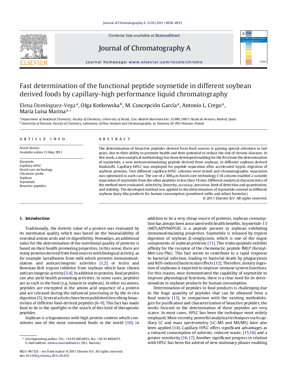 Fast determination of the functional peptide soymetide in different soybean derived foods by capillary-high performance liquid chromatography