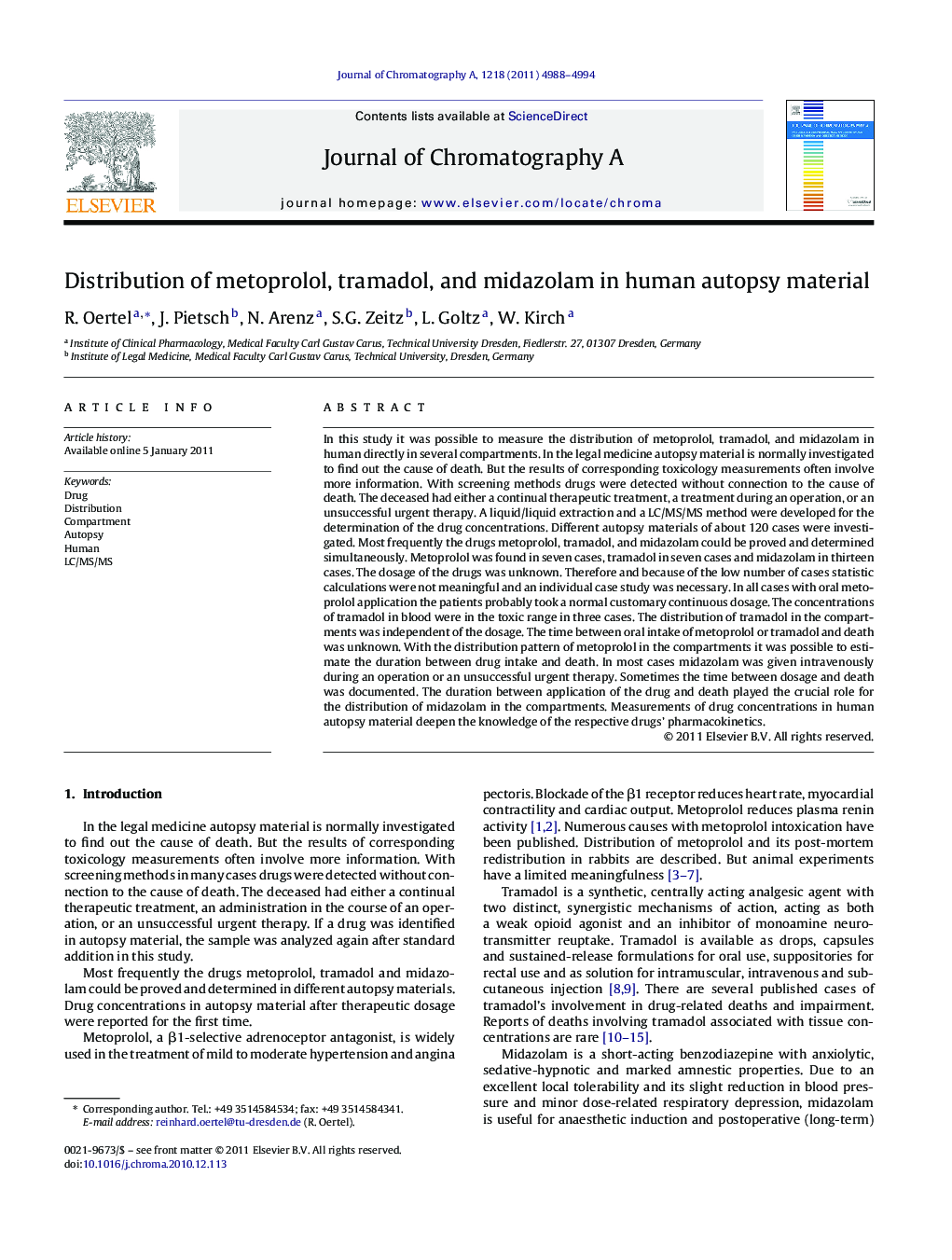 Distribution of metoprolol, tramadol, and midazolam in human autopsy material