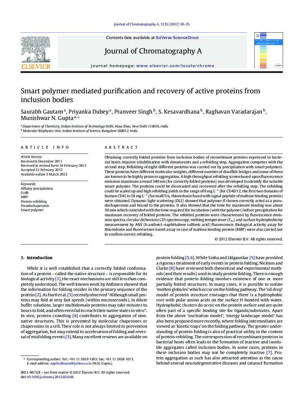 Smart polymer mediated purification and recovery of active proteins from inclusion bodies