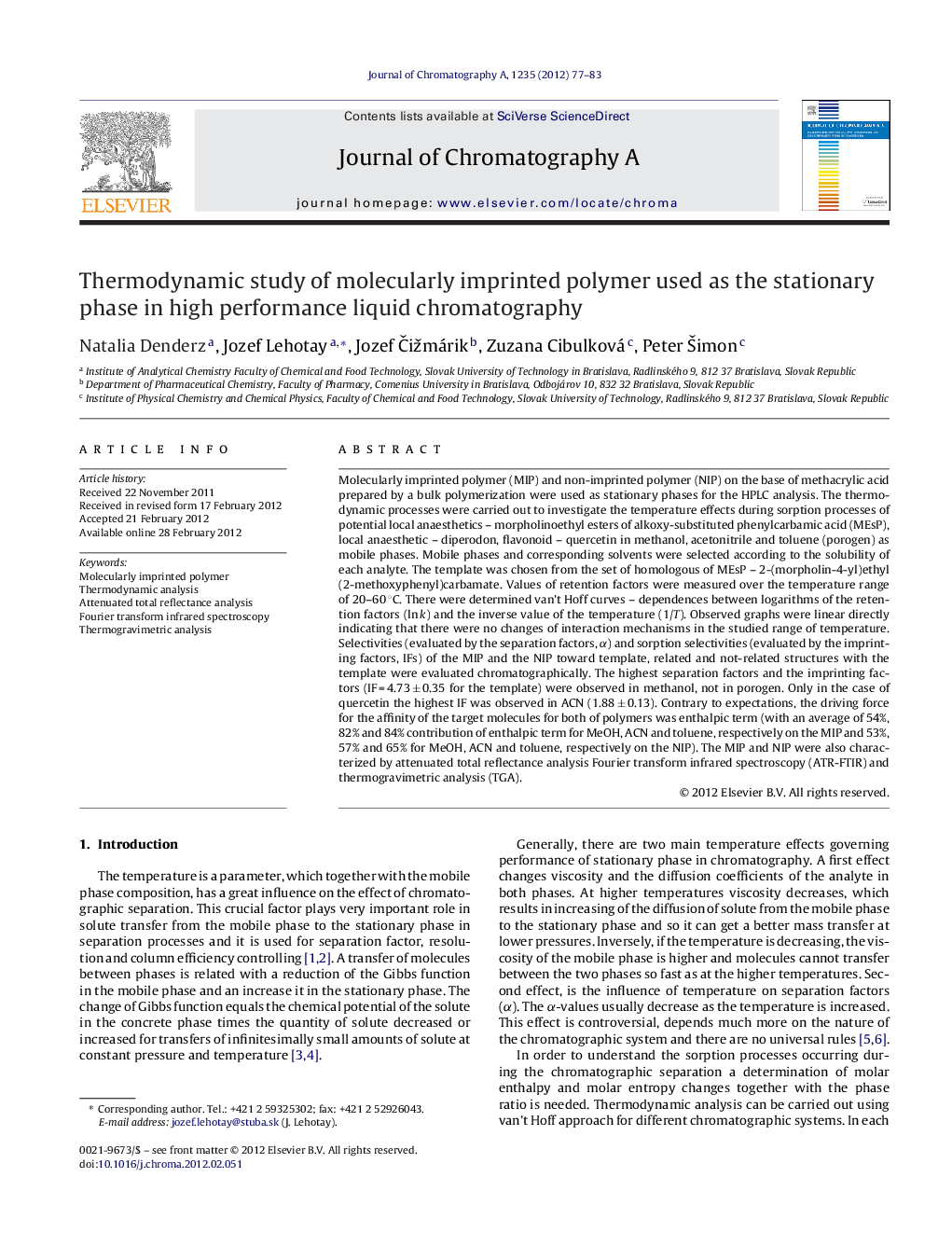 Thermodynamic study of molecularly imprinted polymer used as the stationary phase in high performance liquid chromatography