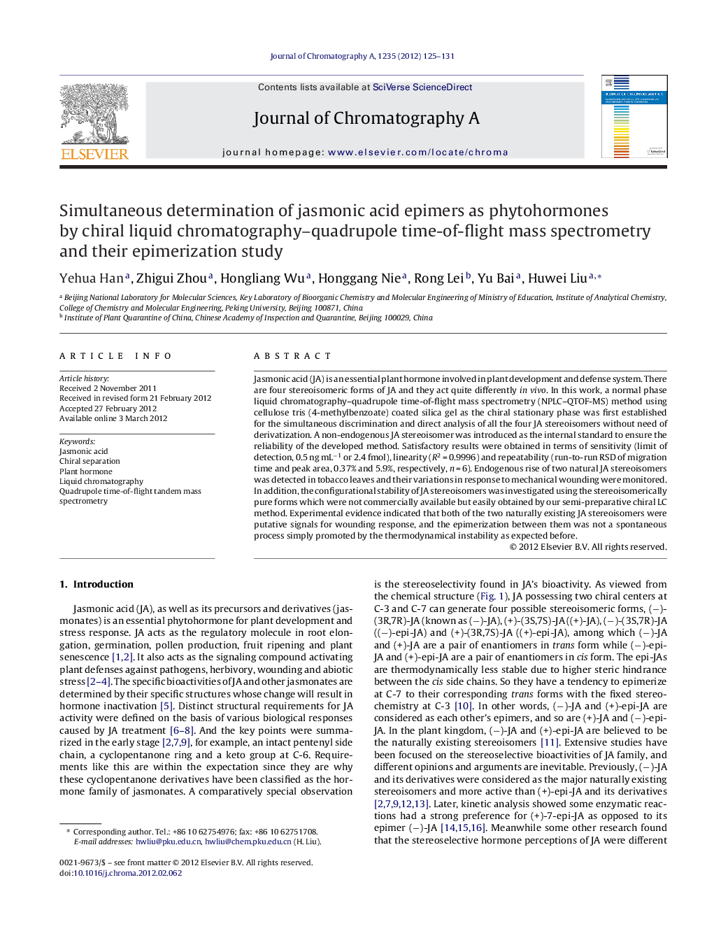 Simultaneous determination of jasmonic acid epimers as phytohormones by chiral liquid chromatography–quadrupole time-of-flight mass spectrometry and their epimerization study