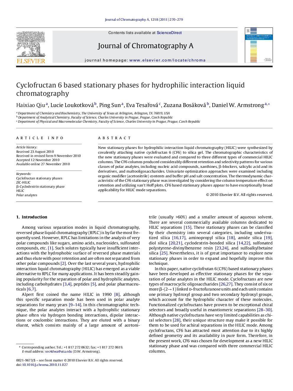 Cyclofructan 6 based stationary phases for hydrophilic interaction liquid chromatography