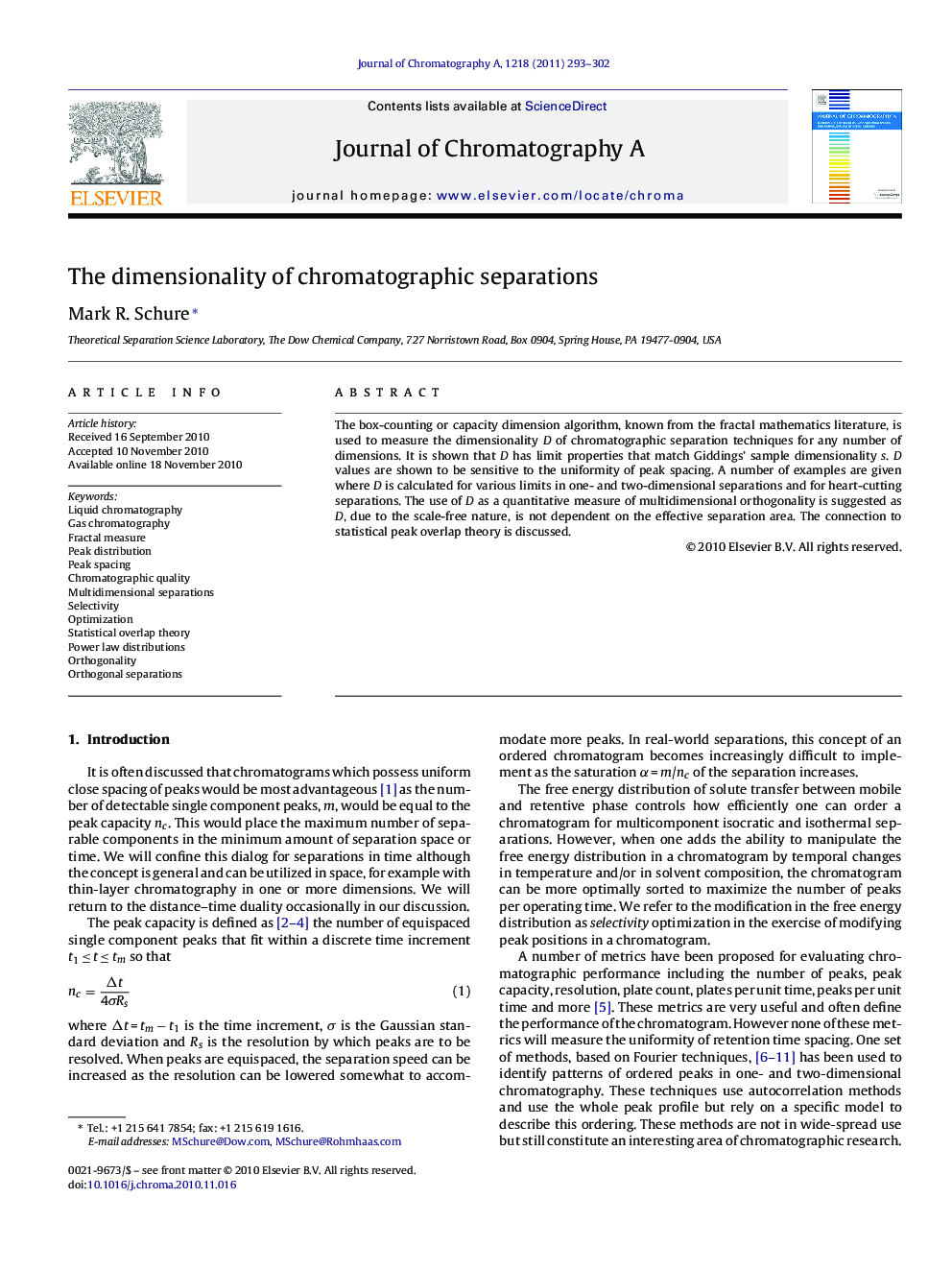 The dimensionality of chromatographic separations