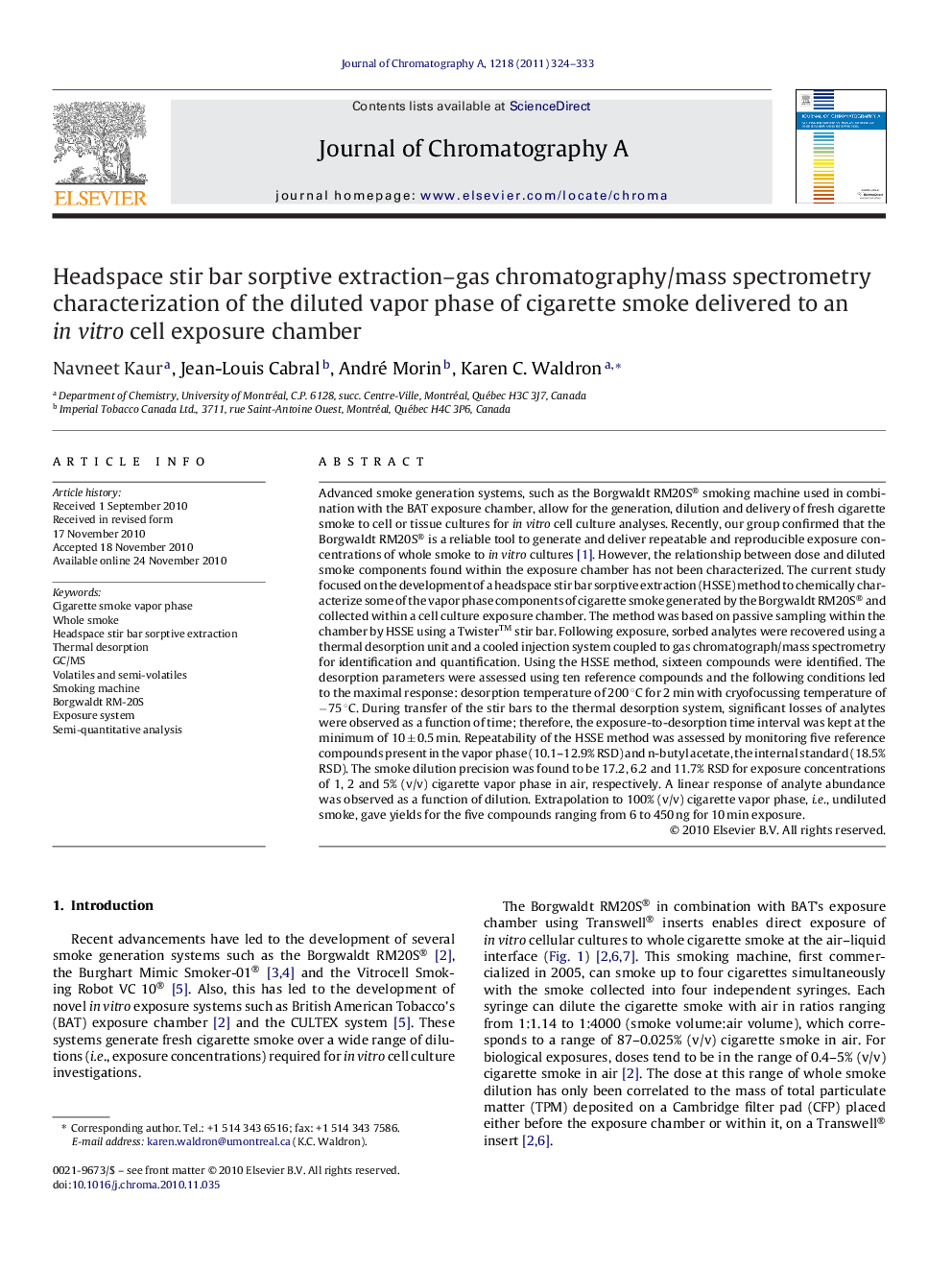 Headspace stir bar sorptive extraction–gas chromatography/mass spectrometry characterization of the diluted vapor phase of cigarette smoke delivered to an in vitro cell exposure chamber