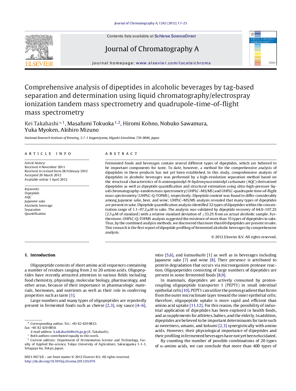 Comprehensive analysis of dipeptides in alcoholic beverages by tag-based separation and determination using liquid chromatography/electrospray ionization tandem mass spectrometry and quadrupole-time-of-flight mass spectrometry