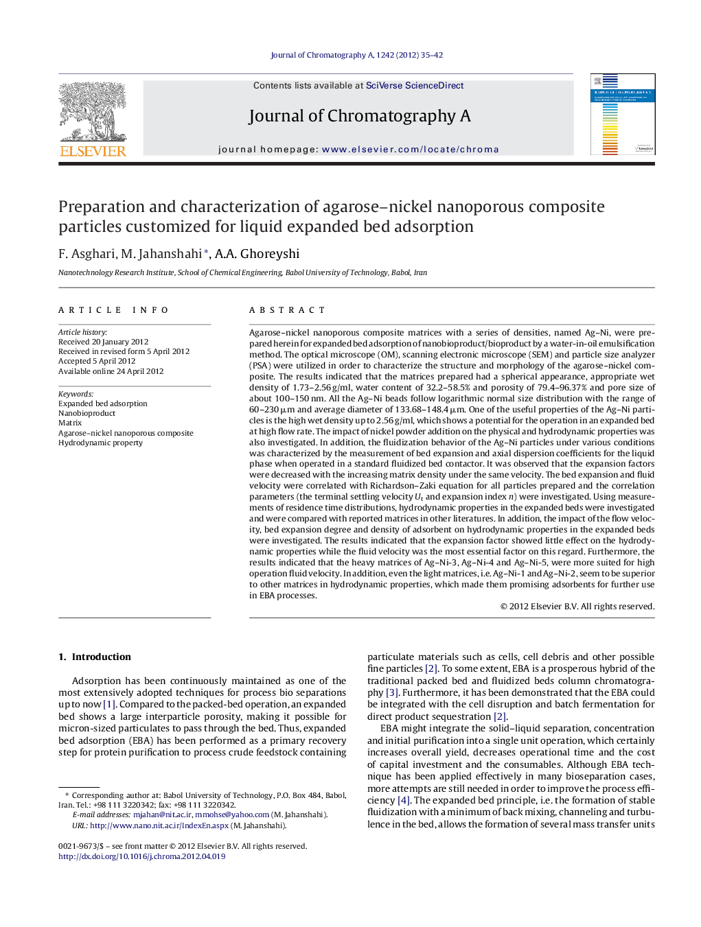 Preparation and characterization of agarose–nickel nanoporous composite particles customized for liquid expanded bed adsorption