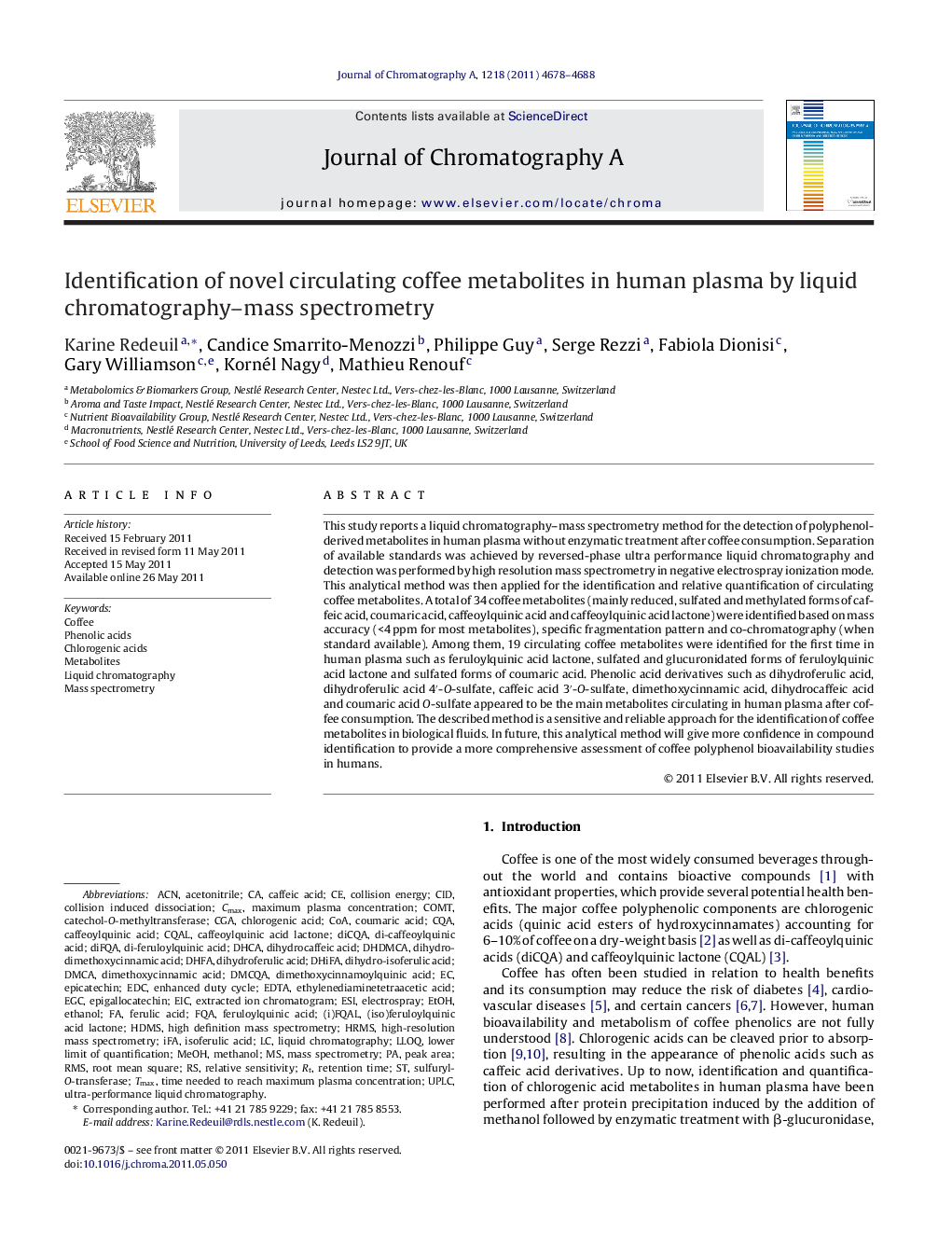 Identification of novel circulating coffee metabolites in human plasma by liquid chromatography–mass spectrometry