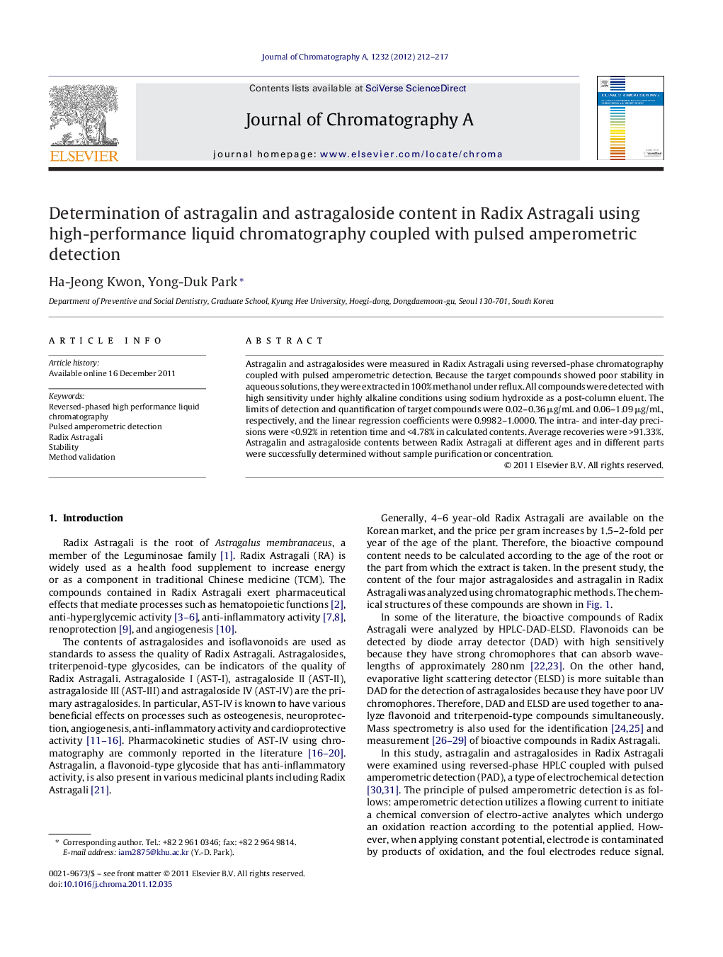 Determination of astragalin and astragaloside content in Radix Astragali using high-performance liquid chromatography coupled with pulsed amperometric detection