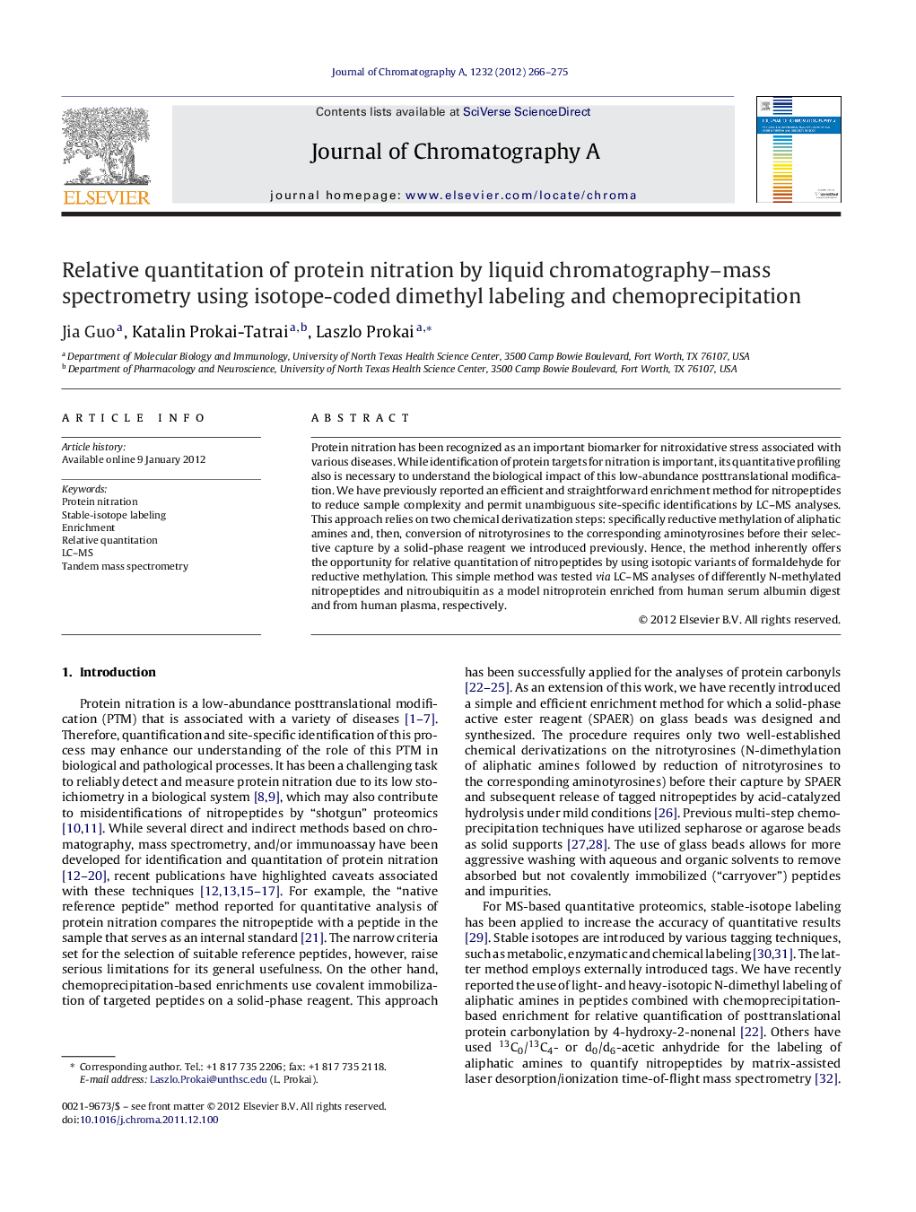 Relative quantitation of protein nitration by liquid chromatography–mass spectrometry using isotope-coded dimethyl labeling and chemoprecipitation