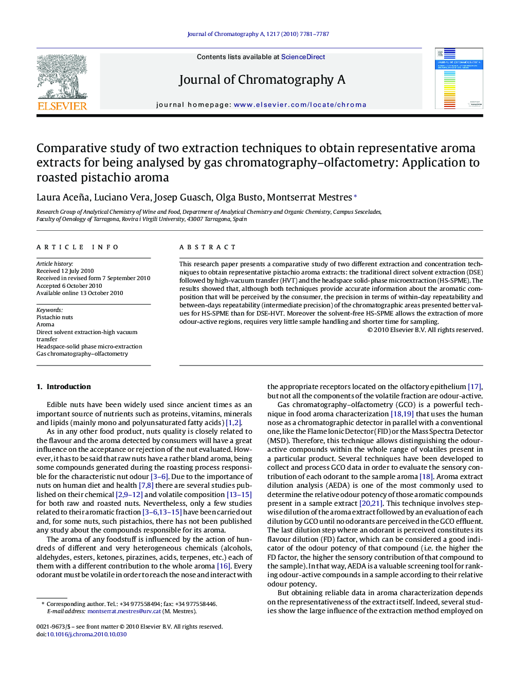 Comparative study of two extraction techniques to obtain representative aroma extracts for being analysed by gas chromatography–olfactometry: Application to roasted pistachio aroma