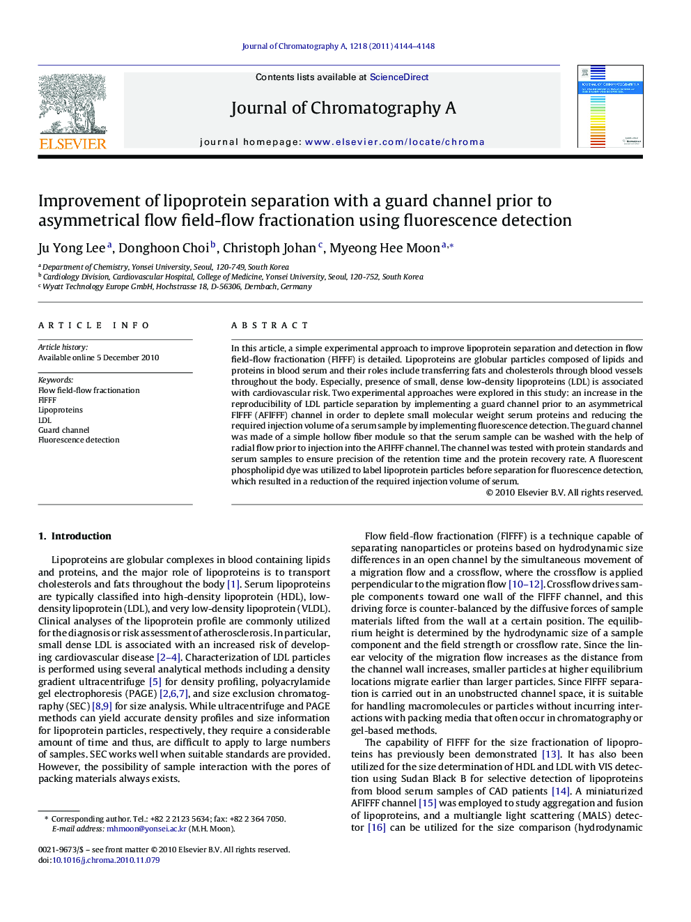 Improvement of lipoprotein separation with a guard channel prior to asymmetrical flow field-flow fractionation using fluorescence detection