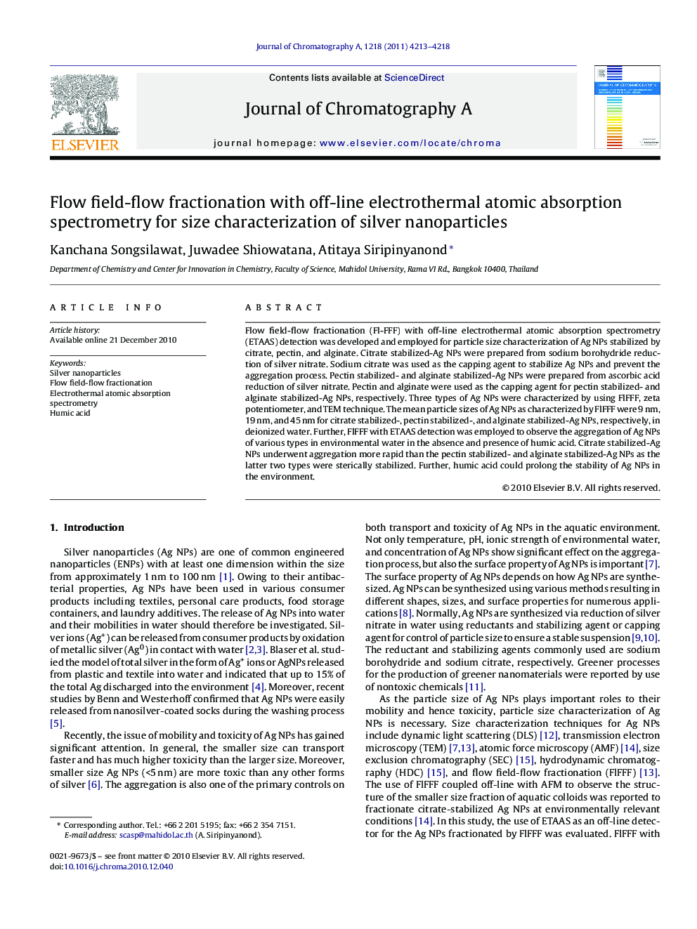 Flow field-flow fractionation with off-line electrothermal atomic absorption spectrometry for size characterization of silver nanoparticles