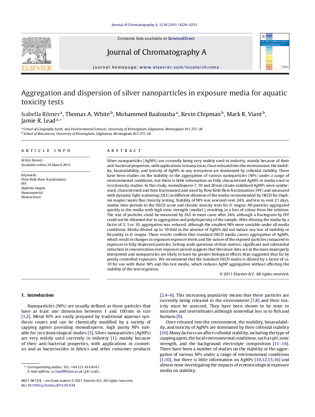 Aggregation and dispersion of silver nanoparticles in exposure media for aquatic toxicity tests