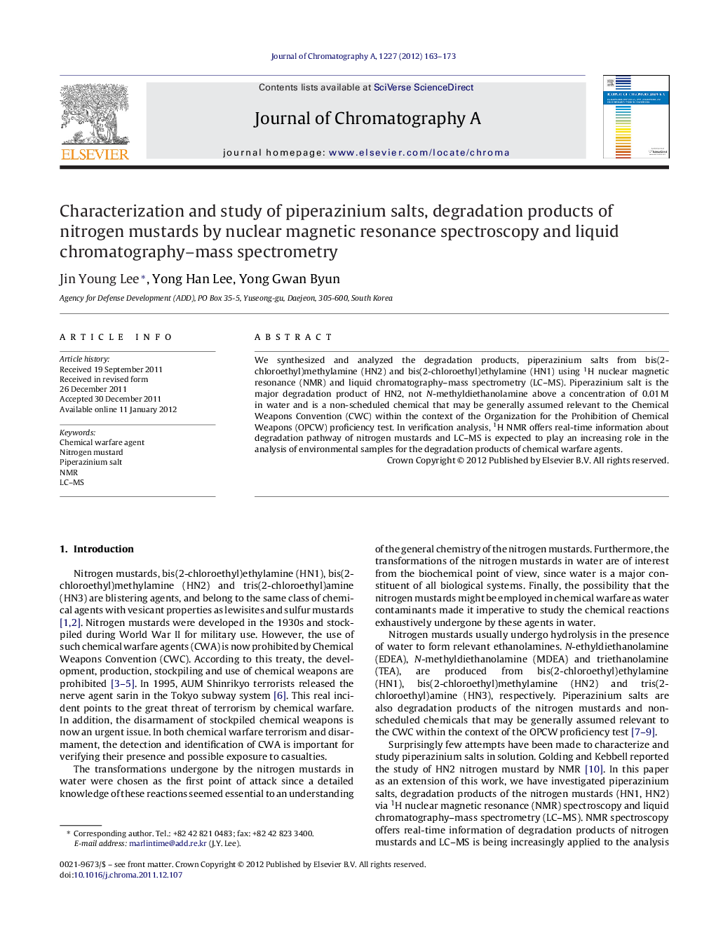 Characterization and study of piperazinium salts, degradation products of nitrogen mustards by nuclear magnetic resonance spectroscopy and liquid chromatography–mass spectrometry