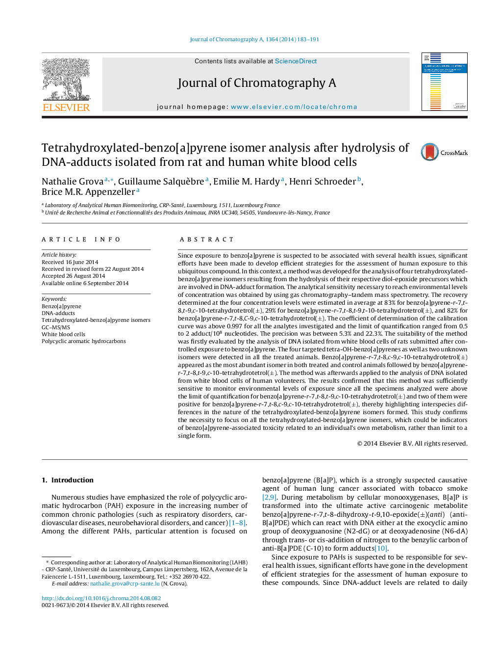 Tetrahydroxylated-benzo[a]pyrene isomer analysis after hydrolysis of DNA-adducts isolated from rat and human white blood cells